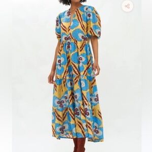 Oliphant Midi Dress with Puff Sleeves and‎ Floral Pattern Patola Mustard